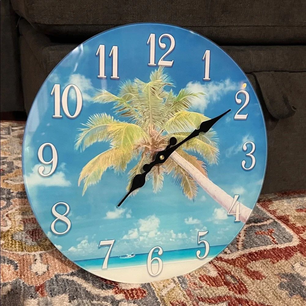 Tropical Glass Blue and White Wall Clock 13” round